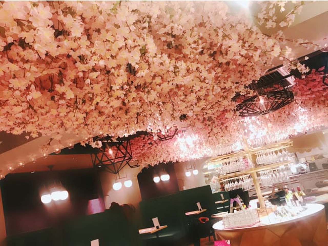 ESOLA（エソラ）新宿店の店内・桜の天井装飾とソファ席のパーティースペース